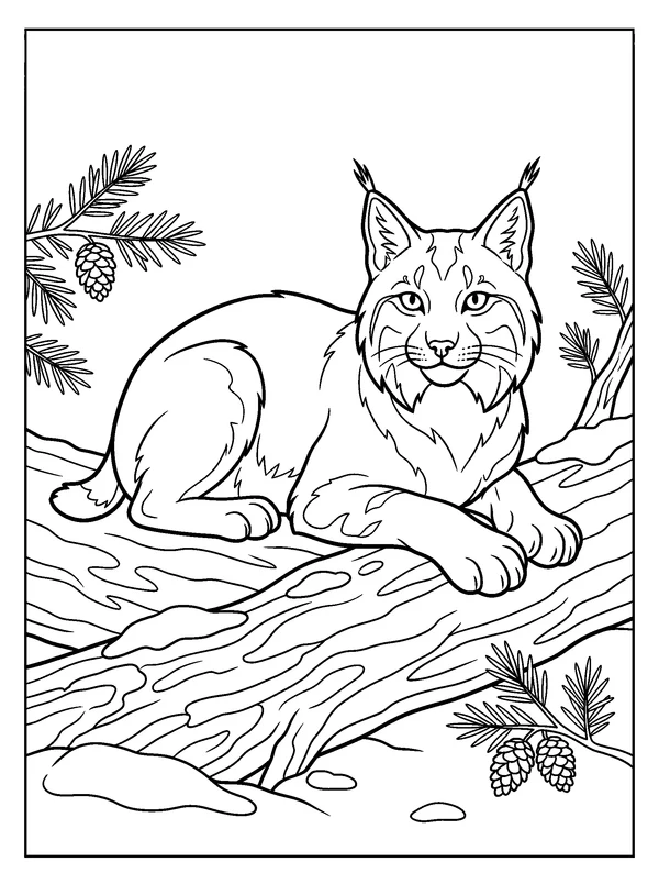 Lynx on a Snowy Log — printable black-and-white coloring sheet