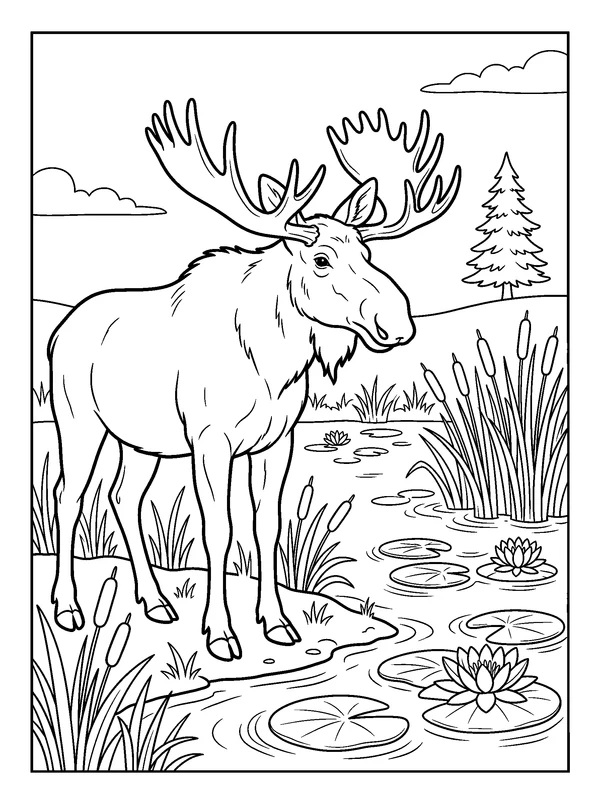 Moose at the Lily Pond — printable black-and-white coloring sheet
