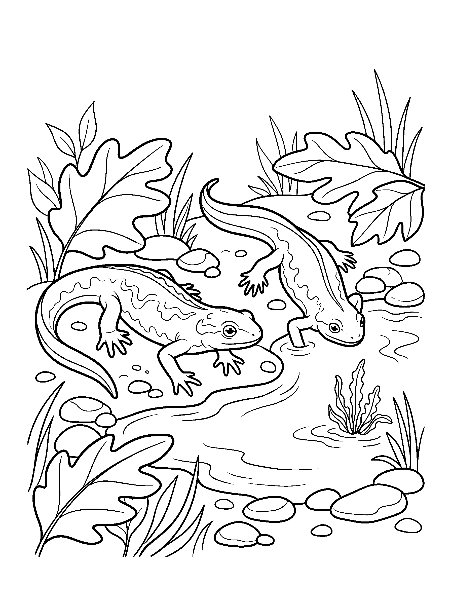 Newts at the Woodland Pool — full black-and-white printable coloring page