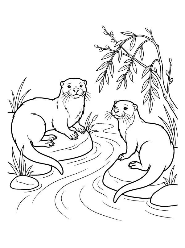Otters on River Stones — printable black-and-white coloring sheet