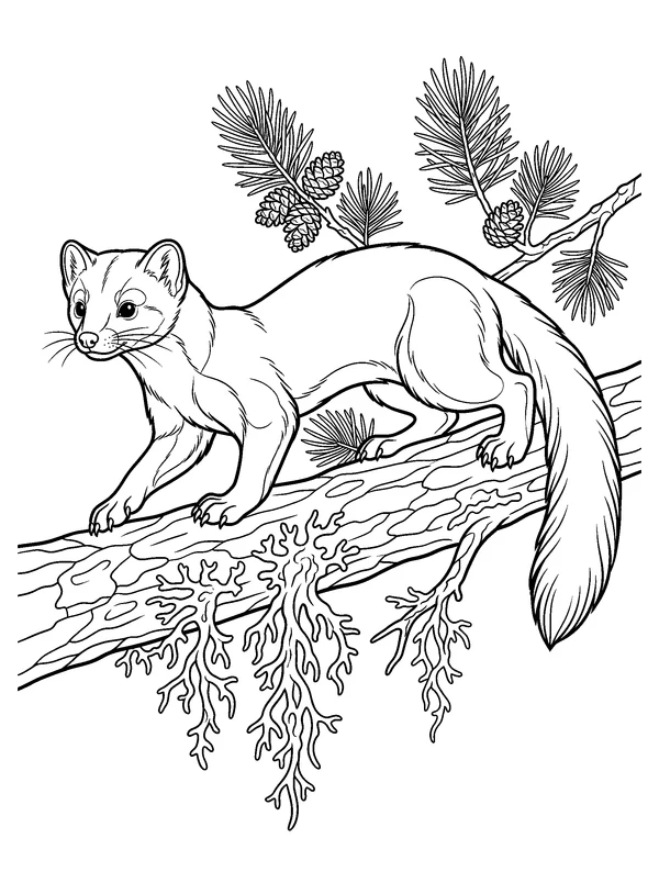 Pine Marten on a Mossy Branch — printable black-and-white coloring sheet