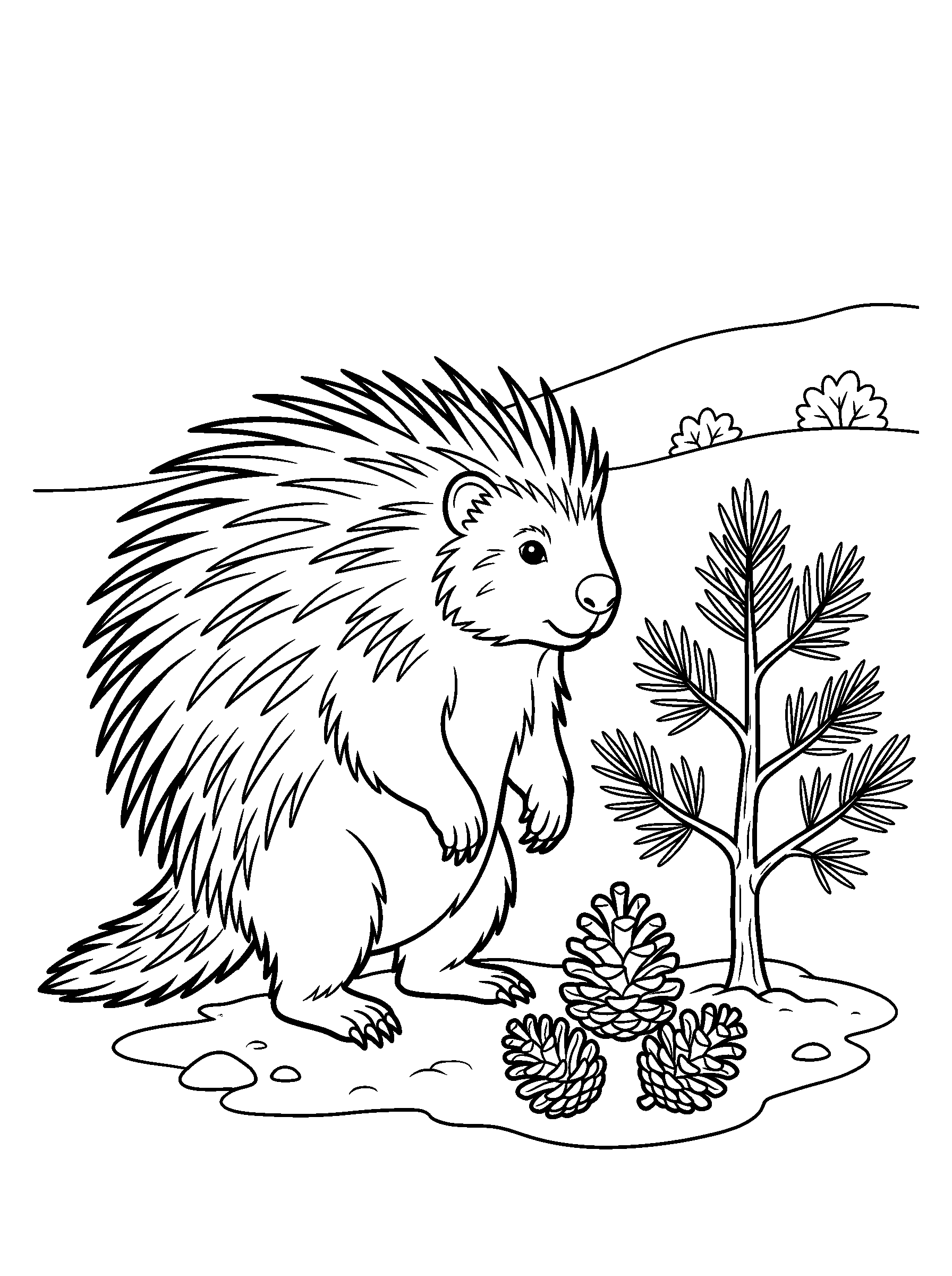 Porcupine with Pinecones — full black-and-white printable coloring page