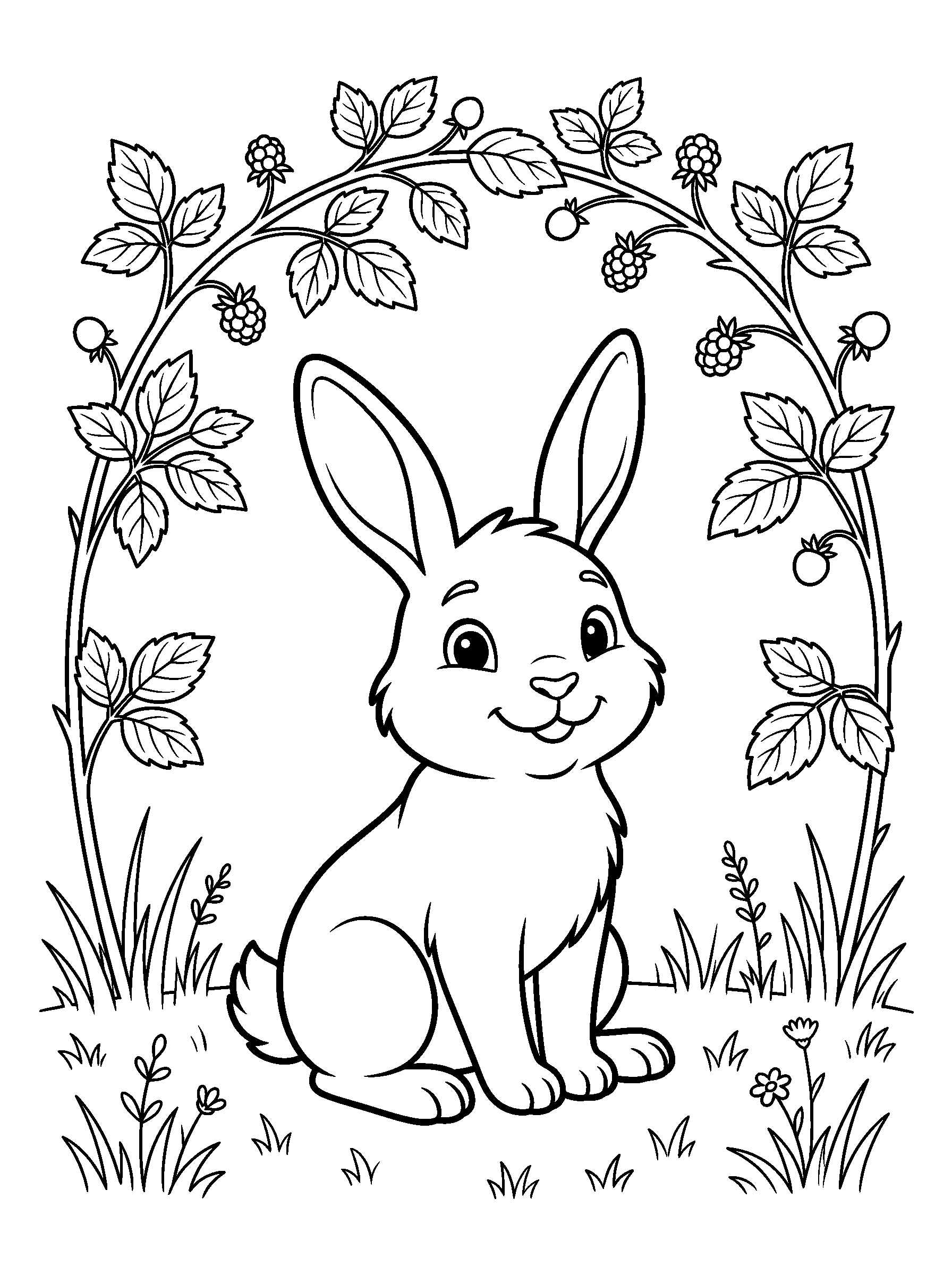 Rabbit Under the Brambles — full black-and-white printable coloring page