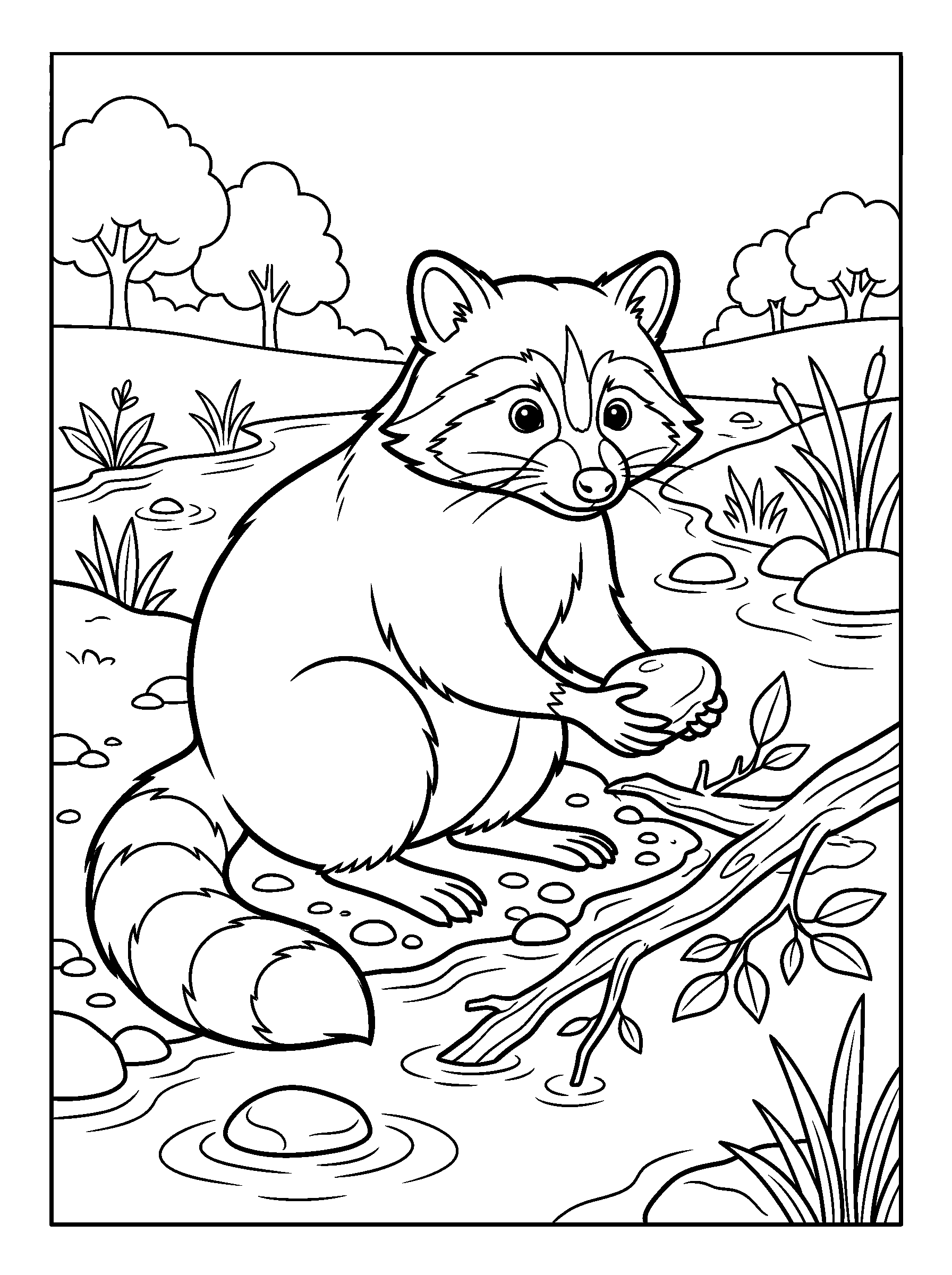 Raccoon Washing a Pebble — full black-and-white printable coloring page