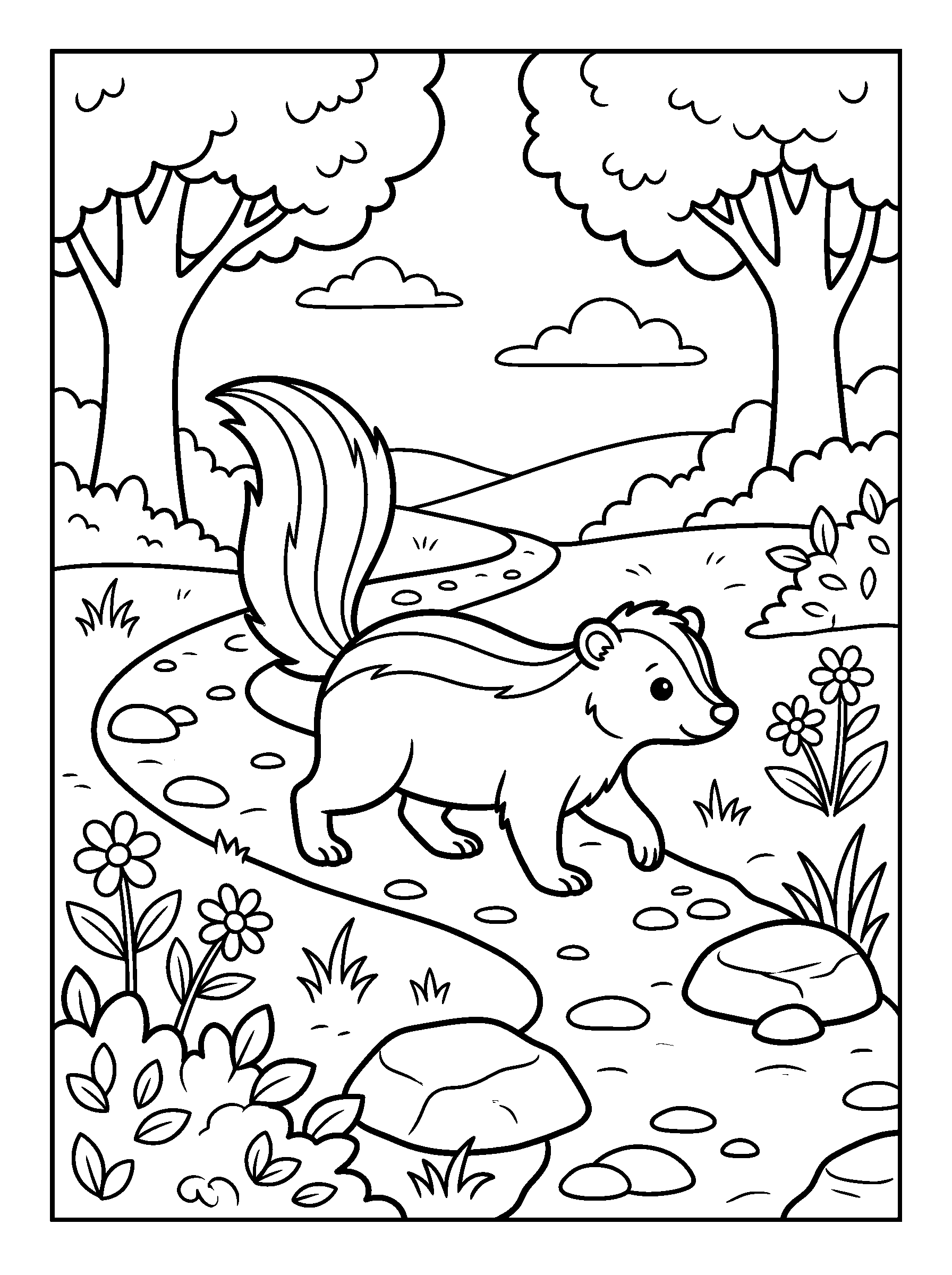 Skunk on a Wildflower Path — full black-and-white printable coloring page