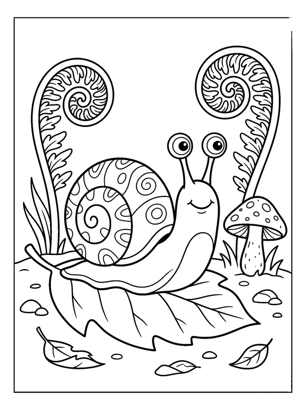 Snail Among the Fern Fronds — printable black-and-white coloring sheet