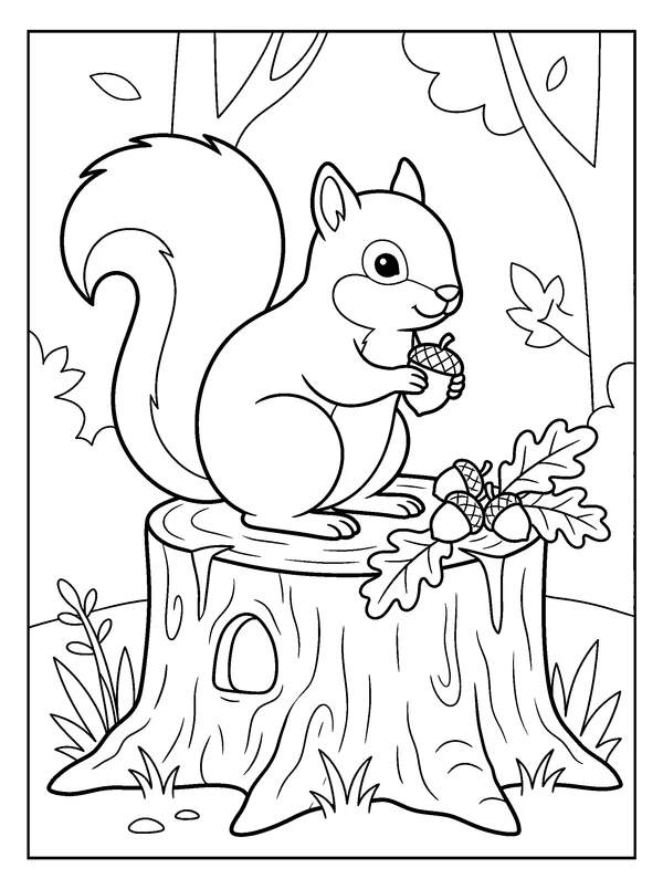Squirrel at an Acorn Stump — printable black-and-white coloring sheet