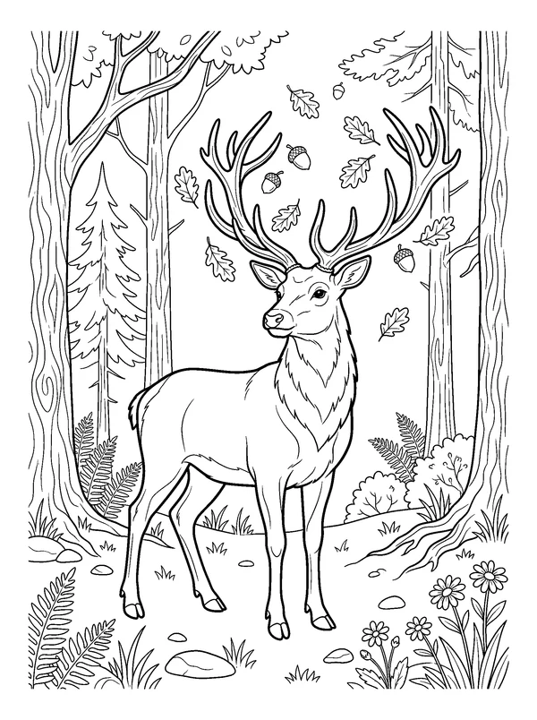 Stag and Falling Oak Leaves — printable black-and-white coloring sheet