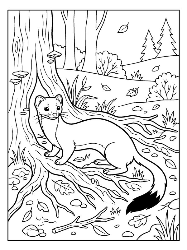 Stoat at the Tree Hollow — printable black-and-white coloring sheet