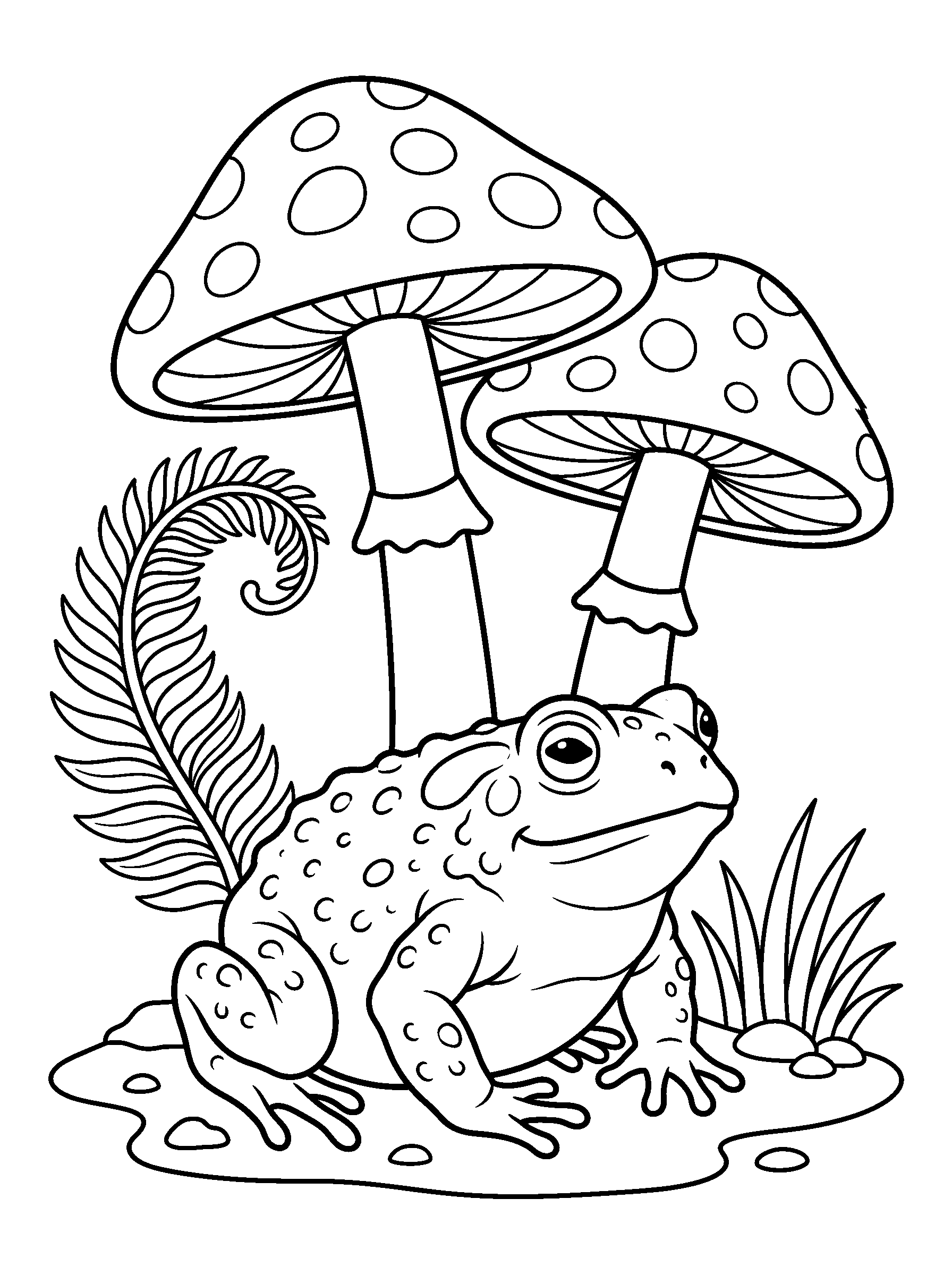 Toad Beneath the Mushrooms — full black-and-white printable coloring page