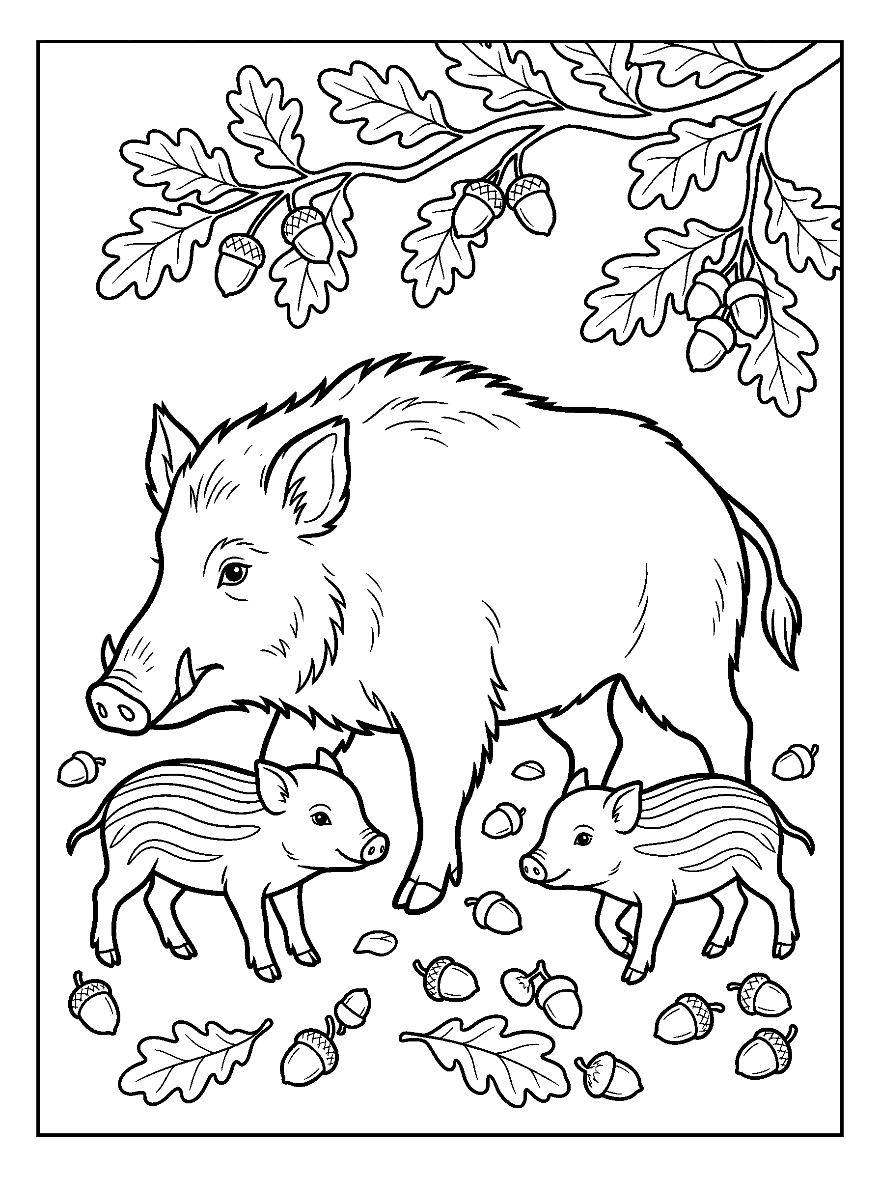 Wild Boar Family Under the Oak — full black-and-white printable coloring page