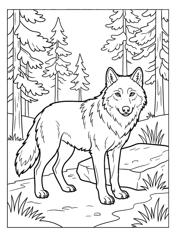 Wolf in a Pine Clearing — printable black-and-white coloring sheet
