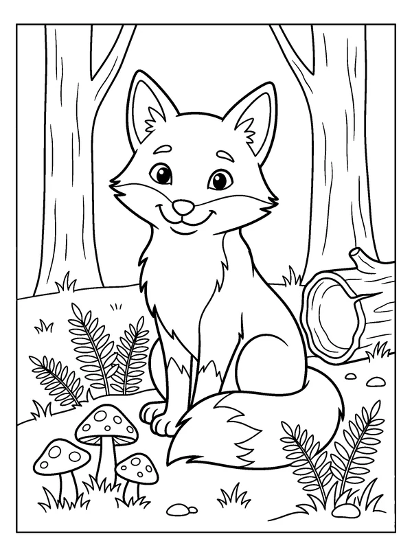 Woodland Fox — printable black-and-white coloring sheet