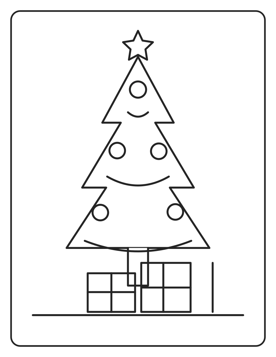 Árvore de Natal e Presentes — página para colorir a preto e branco para imprimir