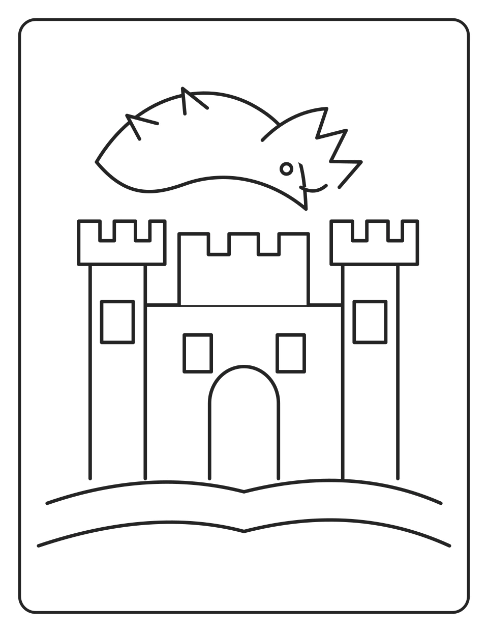 Dragon at Kastilyo — itim-at-puting pahina ng pangkulay na puwedeng i-print