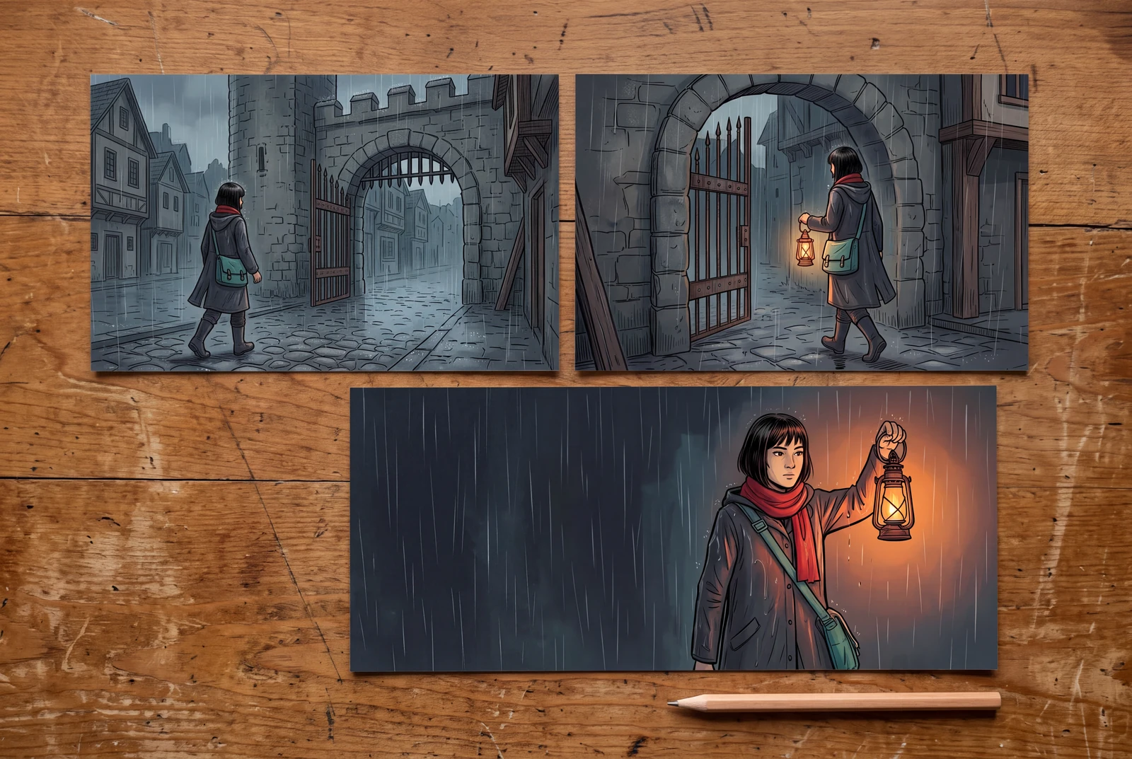 Different finished story treatments of the same fictional lantern-delivery scene arranged for comparison.