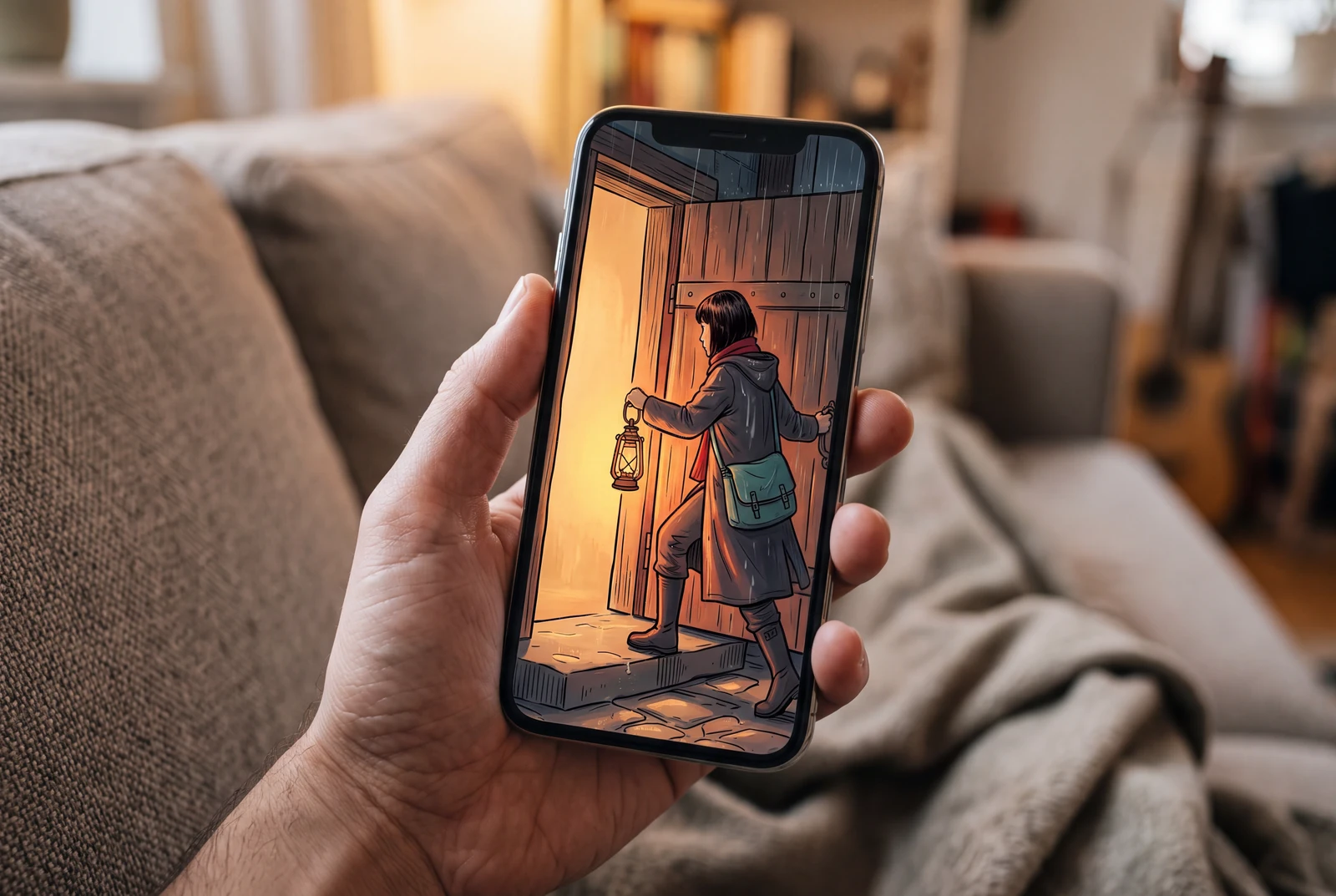A person holds a phone showing a portrait scene of the original lantern courier.