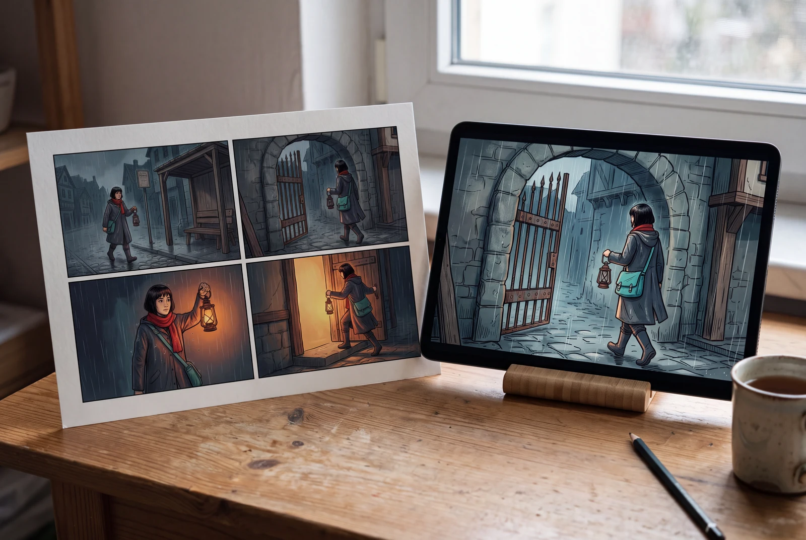 A finished lantern-courier comic and a matching story still displayed together in a lived-in reading space.