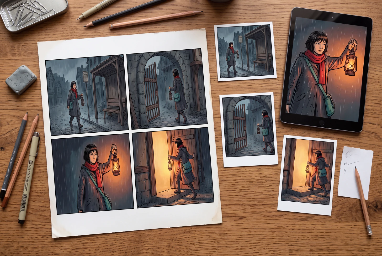 A coordinated comic page, story still and short-sequence presentation arranged as a finished creative set.
