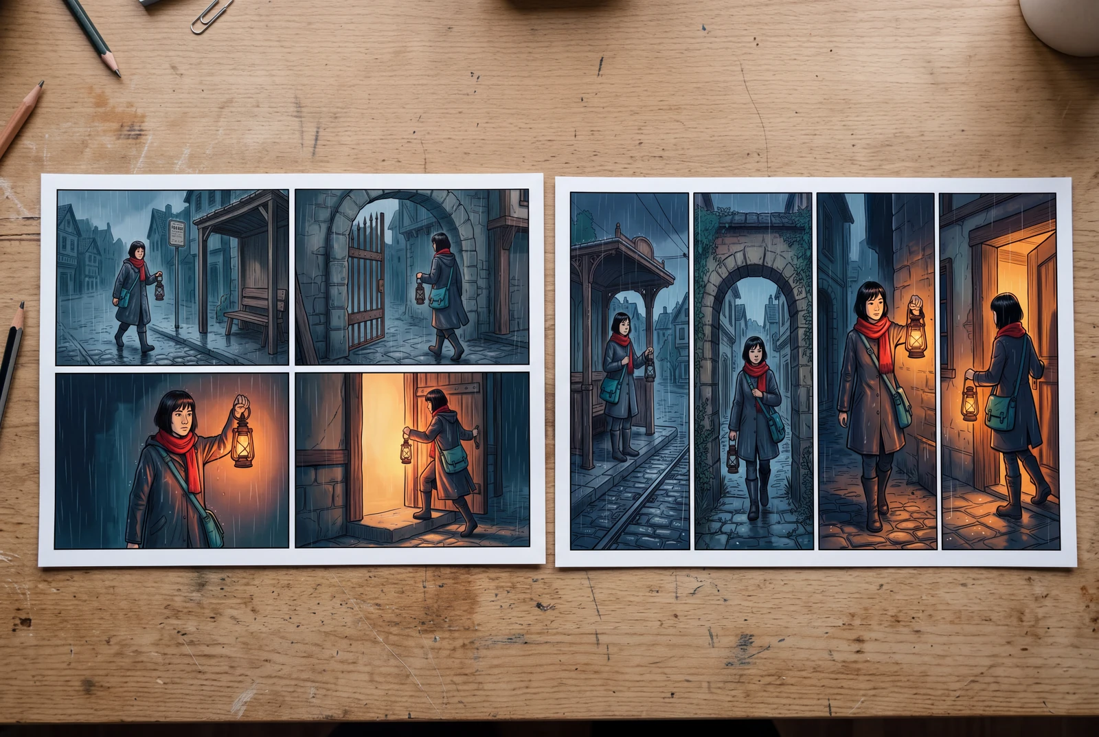 Two distinct finished four-panel arrangements of the same fictional story are displayed together.