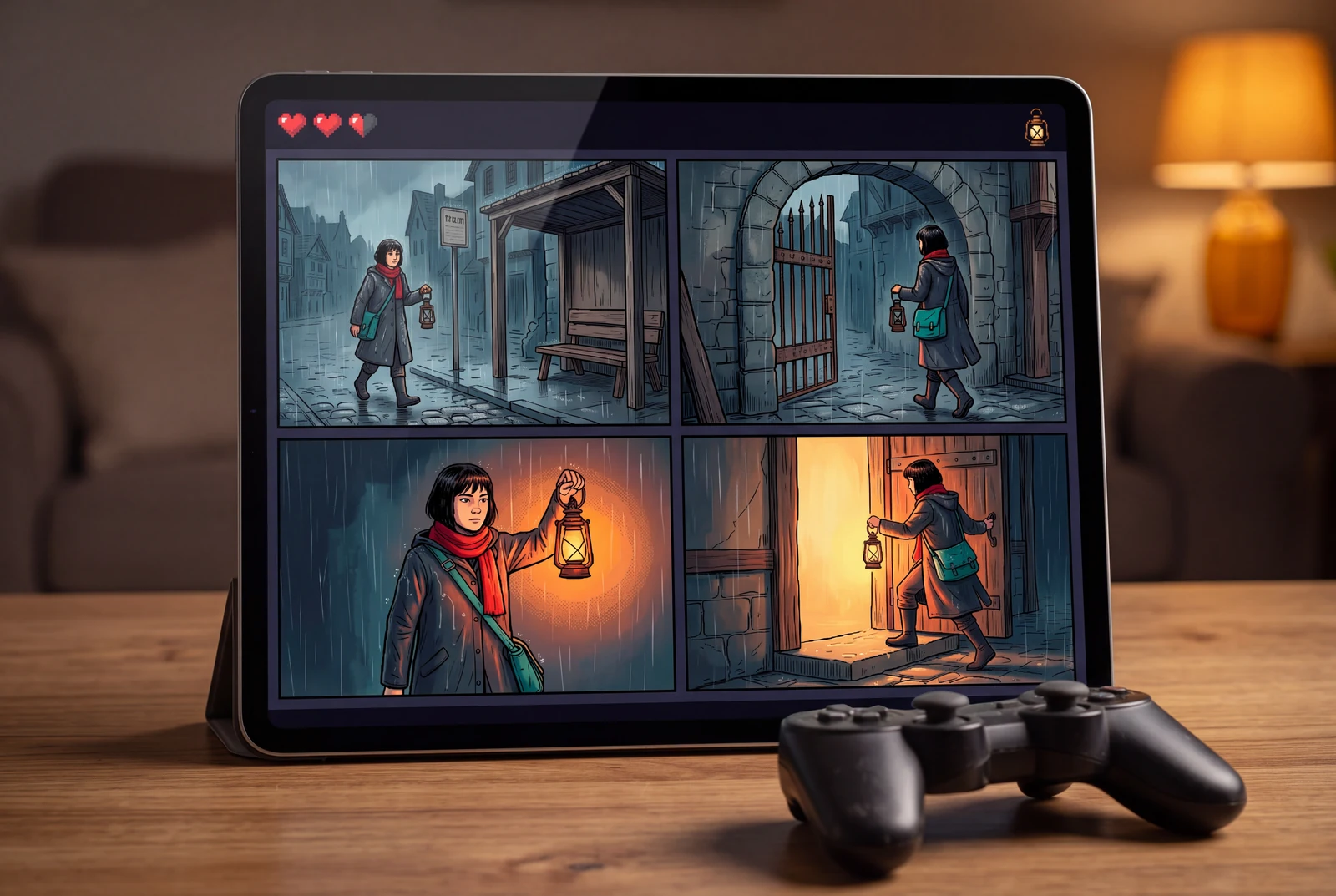 A finished four-panel story is shown as a fictional game's narrative cutscene in a tangible gaming setup.