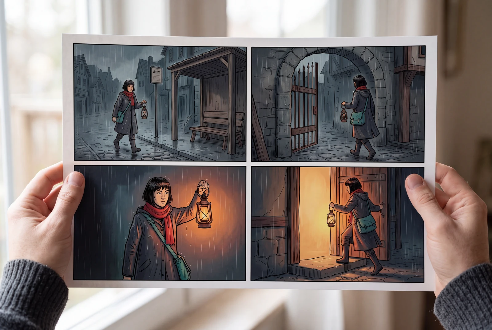 Hands hold a finished four-panel comic page in an ordinary reading setting.