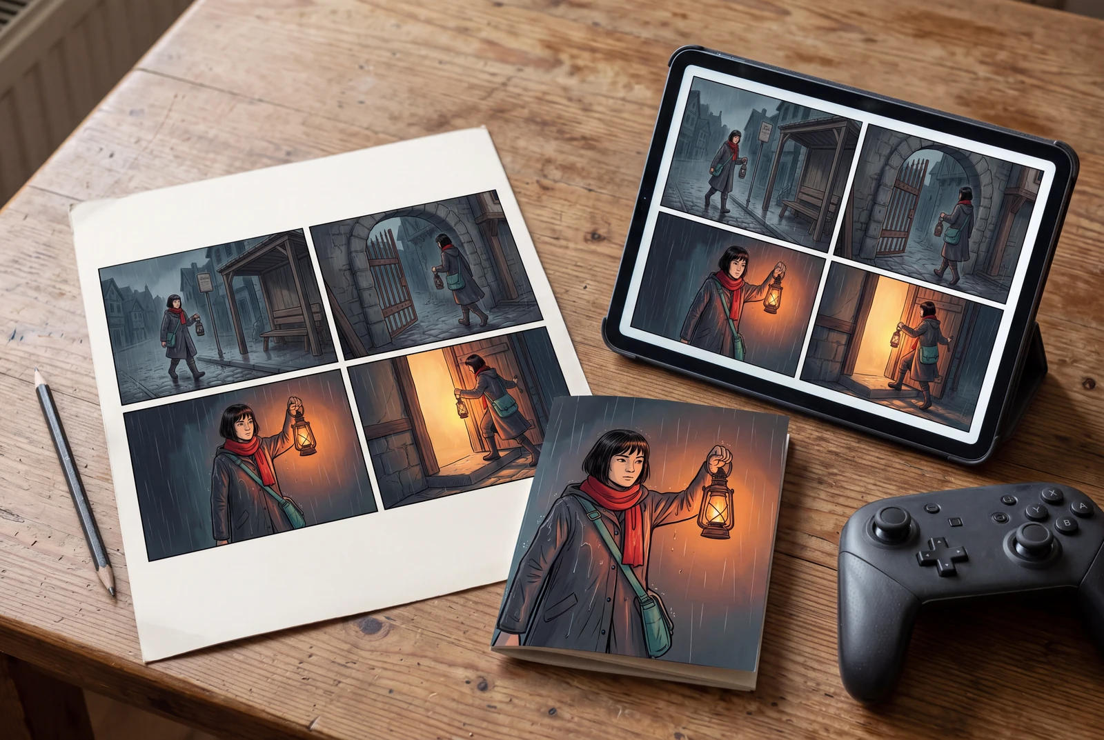 A coordinated set of comic narrative panels and fictional game-story presentation pieces.