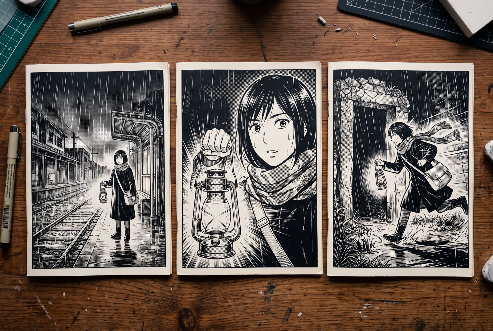 Distinct finished manga action treatments share the same original courier and lantern story.