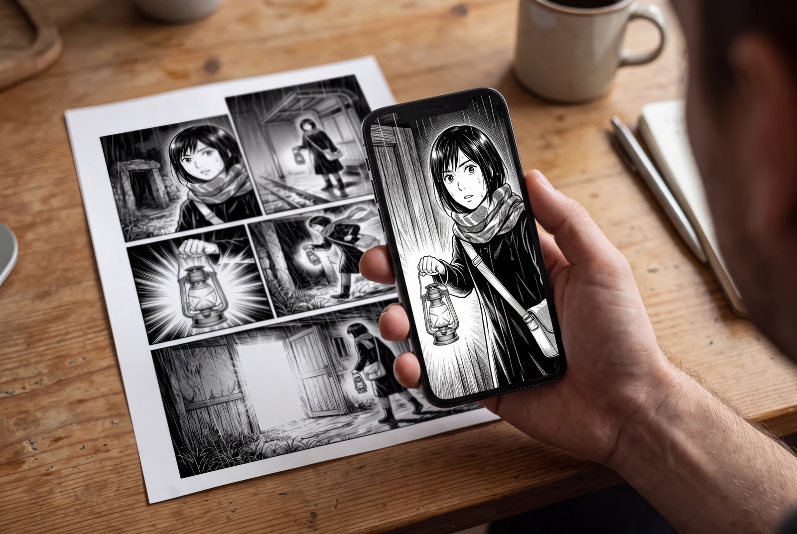 A handheld phone displays a portrait short-drama concept of the fictional lantern courier.