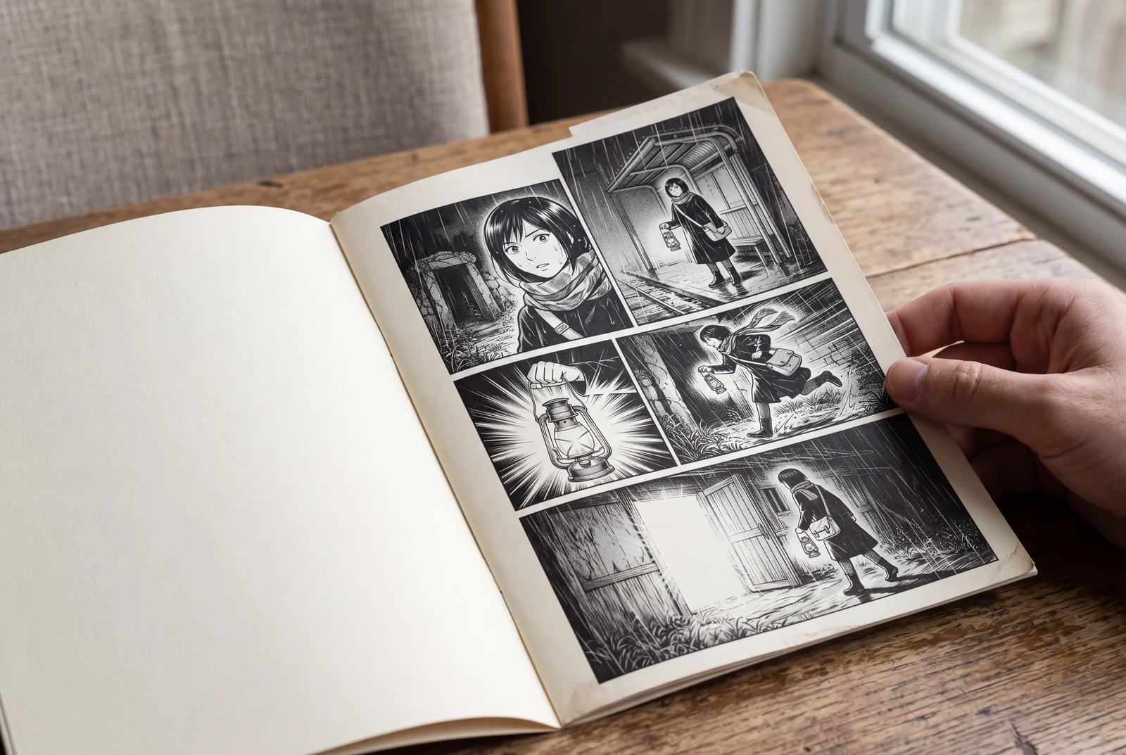 A reader holds a finished manga action page featuring the original lantern courier.