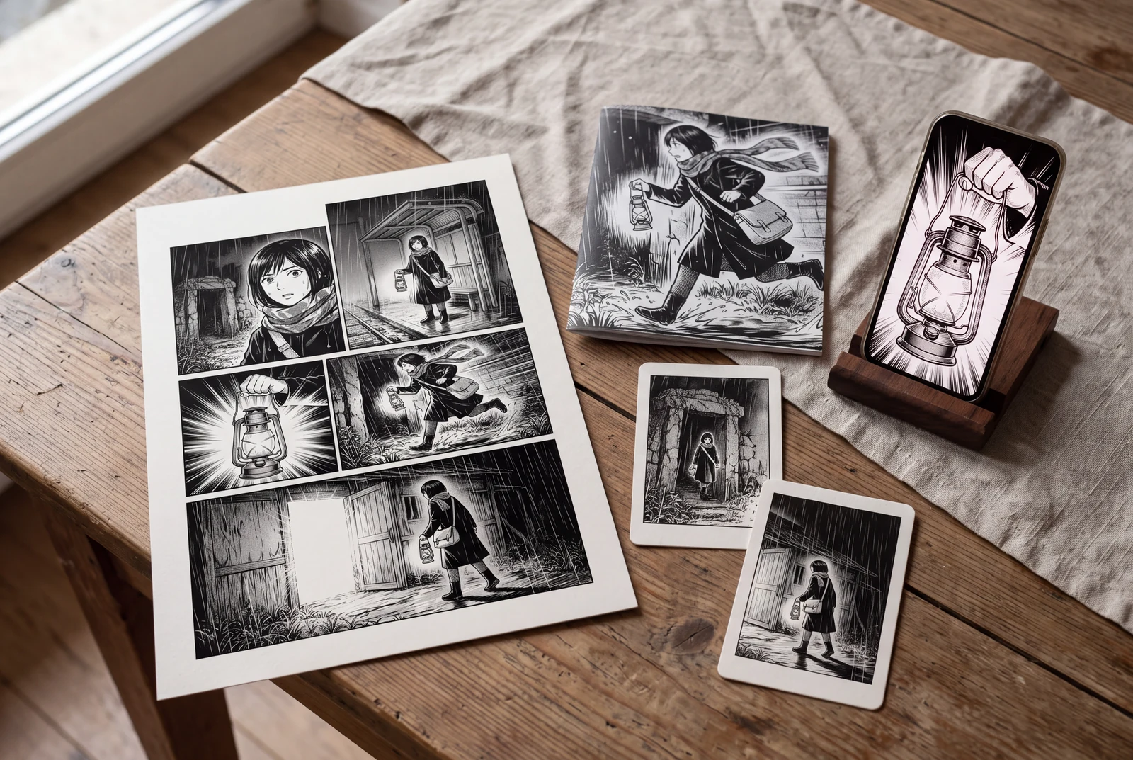 A finished manga page, a small story booklet and matching drama-scene artwork arranged as one story set.
