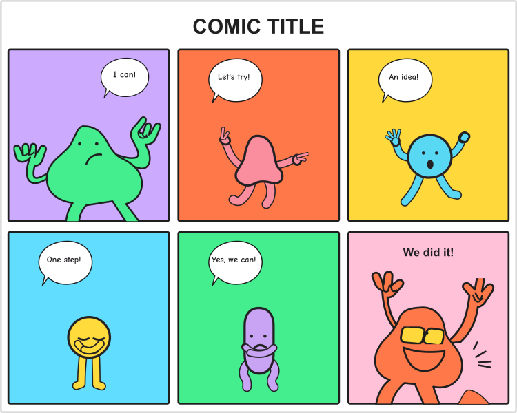 Original illustrated comic strip showing a sequence of six panels