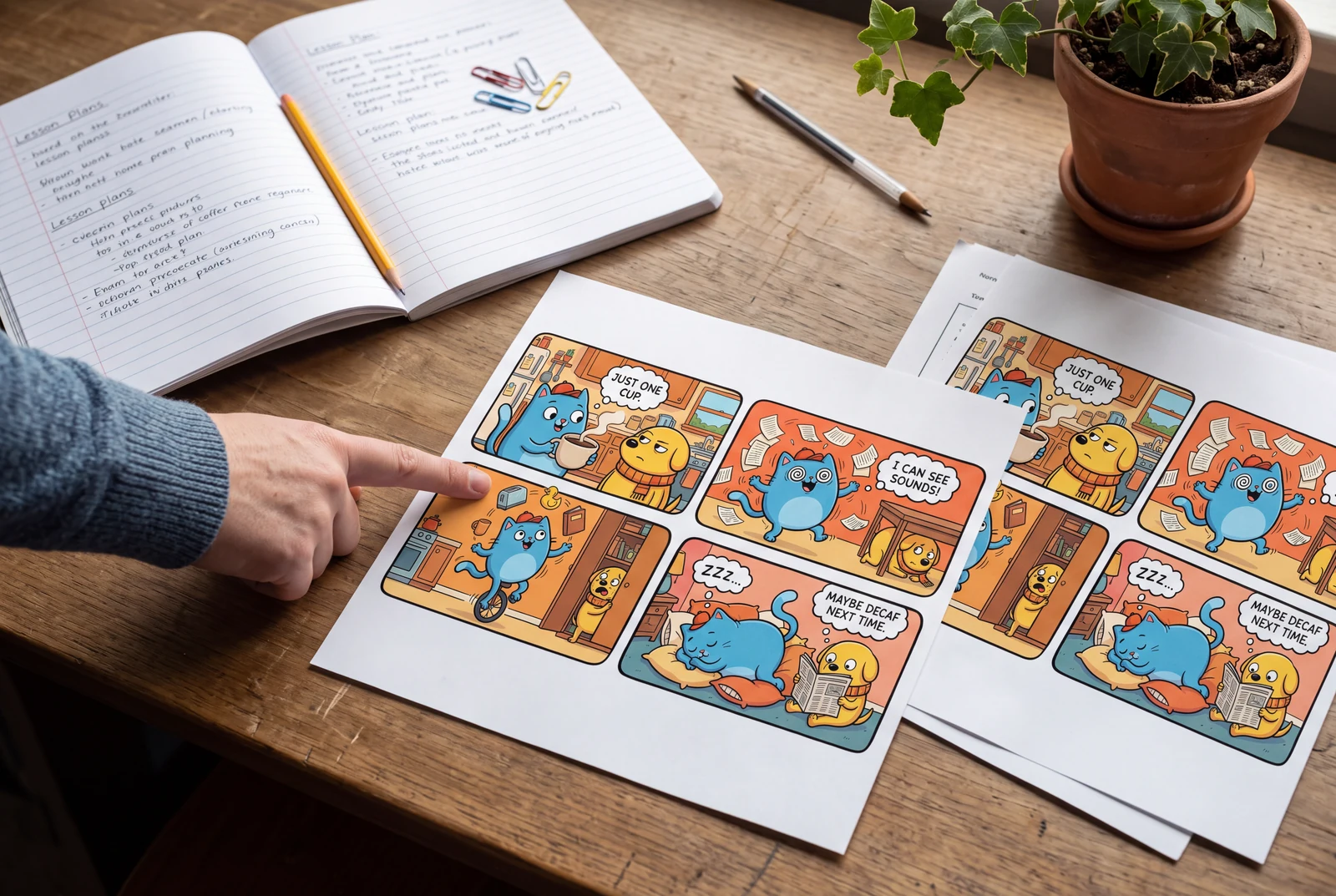 An adult educator pointing to a finished four-panel comic print beside a second copy and lesson notes on a classroom table.