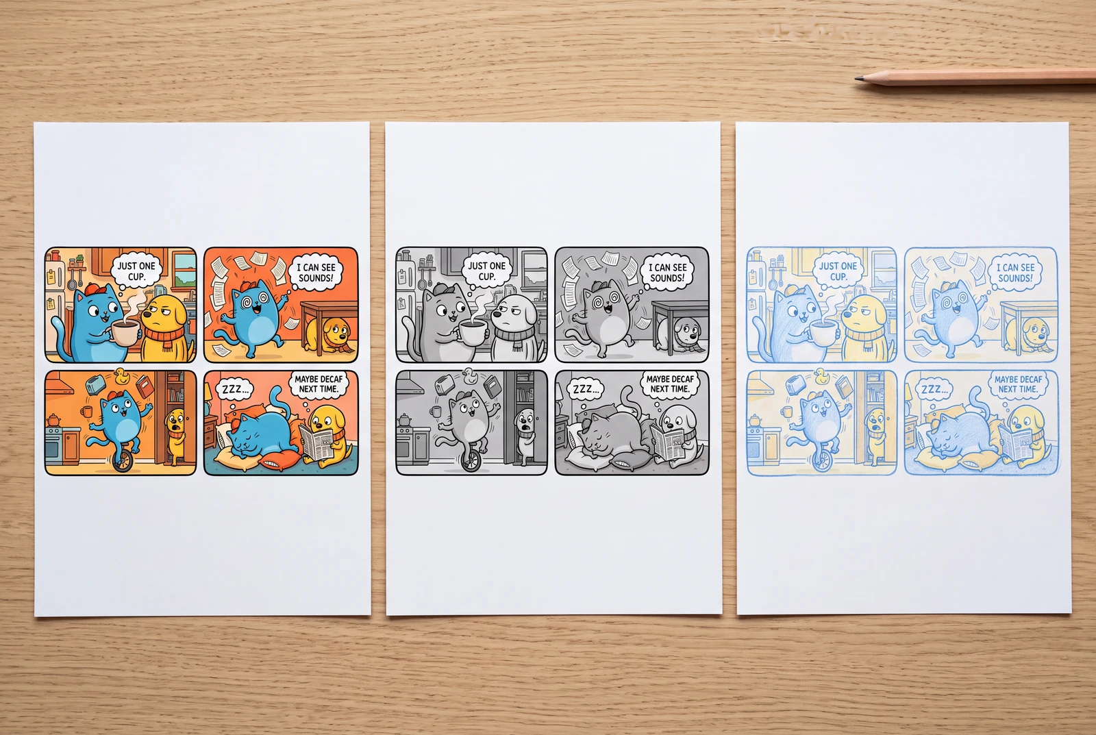 Color, ink, and pencil-style prints of the same four-panel cat-and-dog story arranged on a home desk.