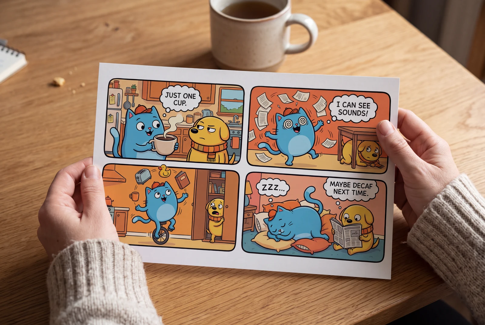 Adult hands holding a colorful printed four-panel cat-and-dog comic in a home setting.