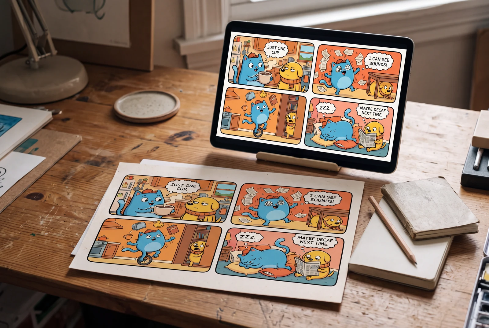 A tablet and matching printed four-panel comic beside a notebook on an everyday desk.