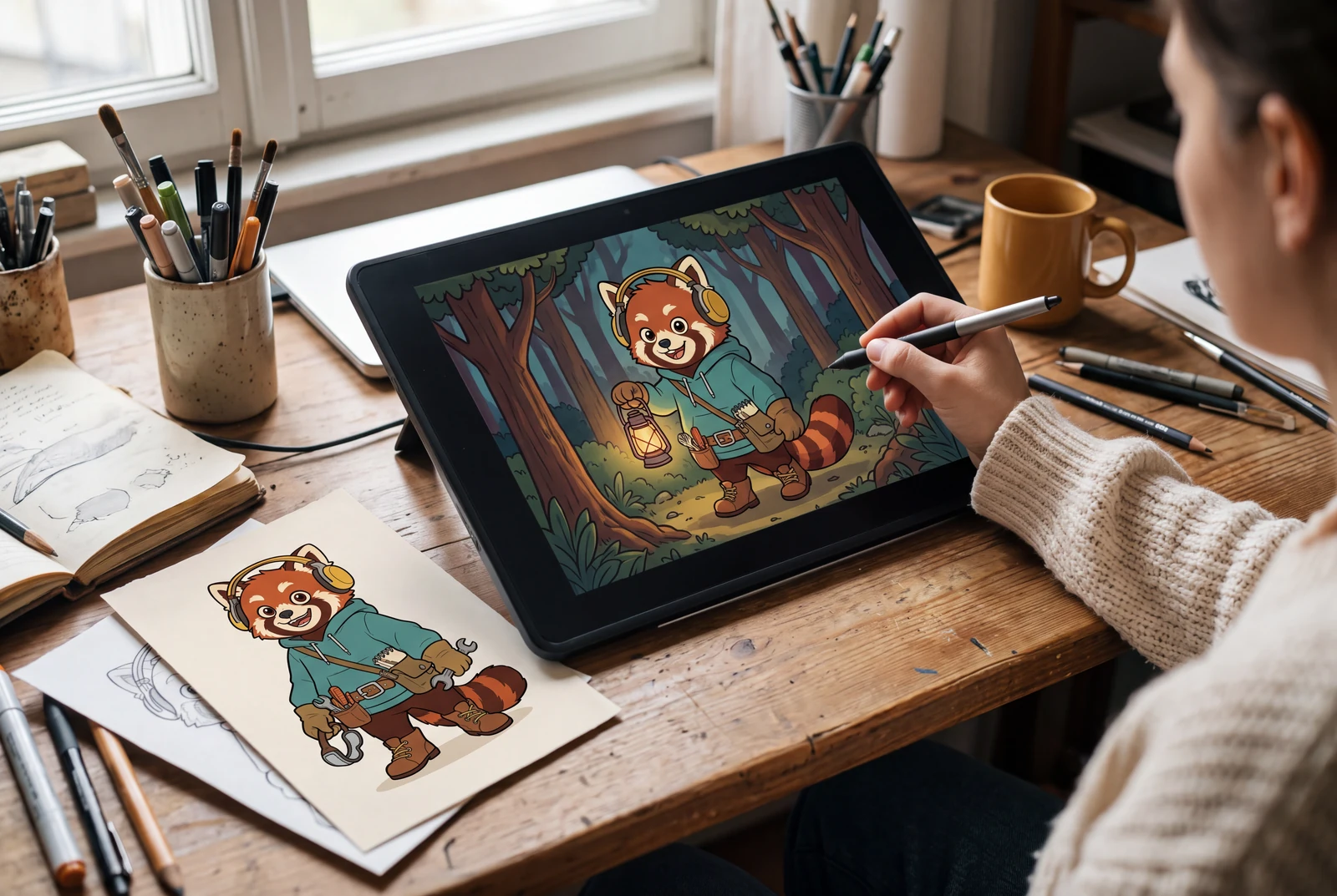 An adult illustrator using a tablet and stylus beside a completed red panda illustration and paper artwork on a studio desk.