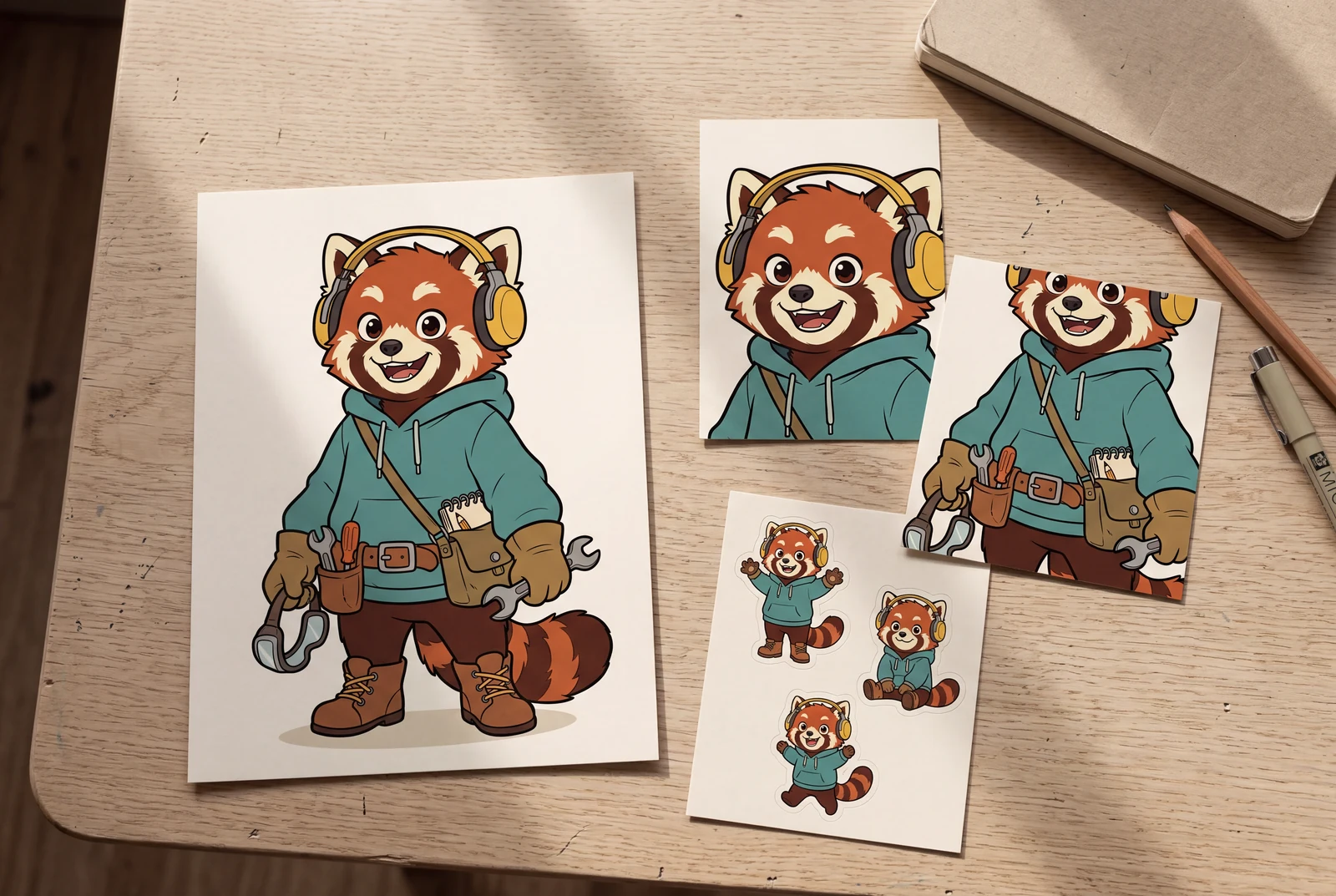 A coordinated collection of red panda print, card, and sticker design concepts with different compositions.
