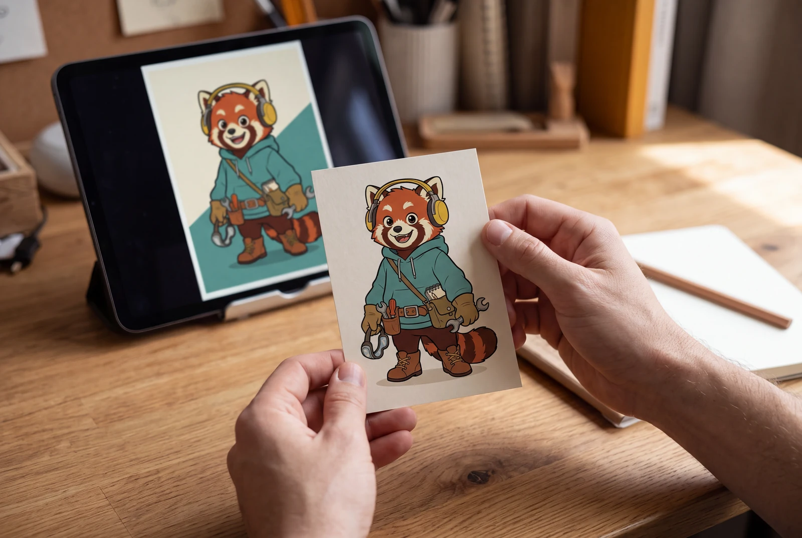 Hands holding a printed red panda mascot design beside a tablet displaying the finished composition in a home studio.