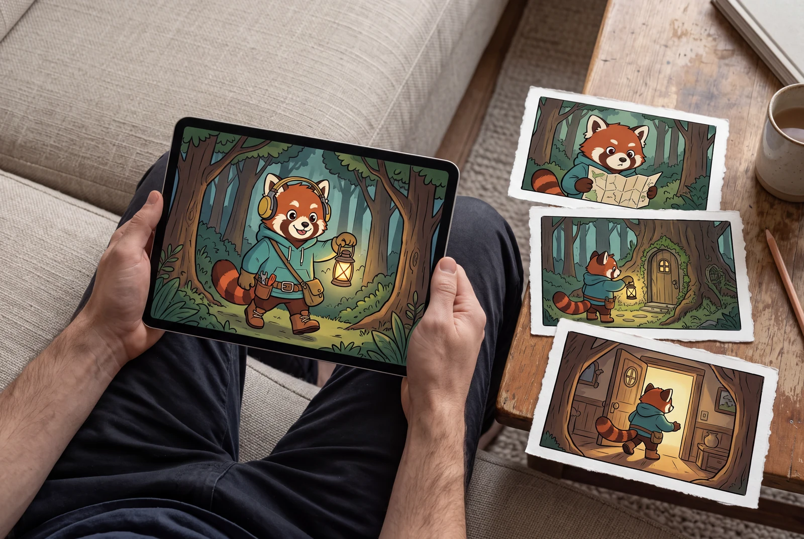 A tablet held on a sofa displaying a red panda motion-comic scene concept, with matching storyboard cards on a nearby table.