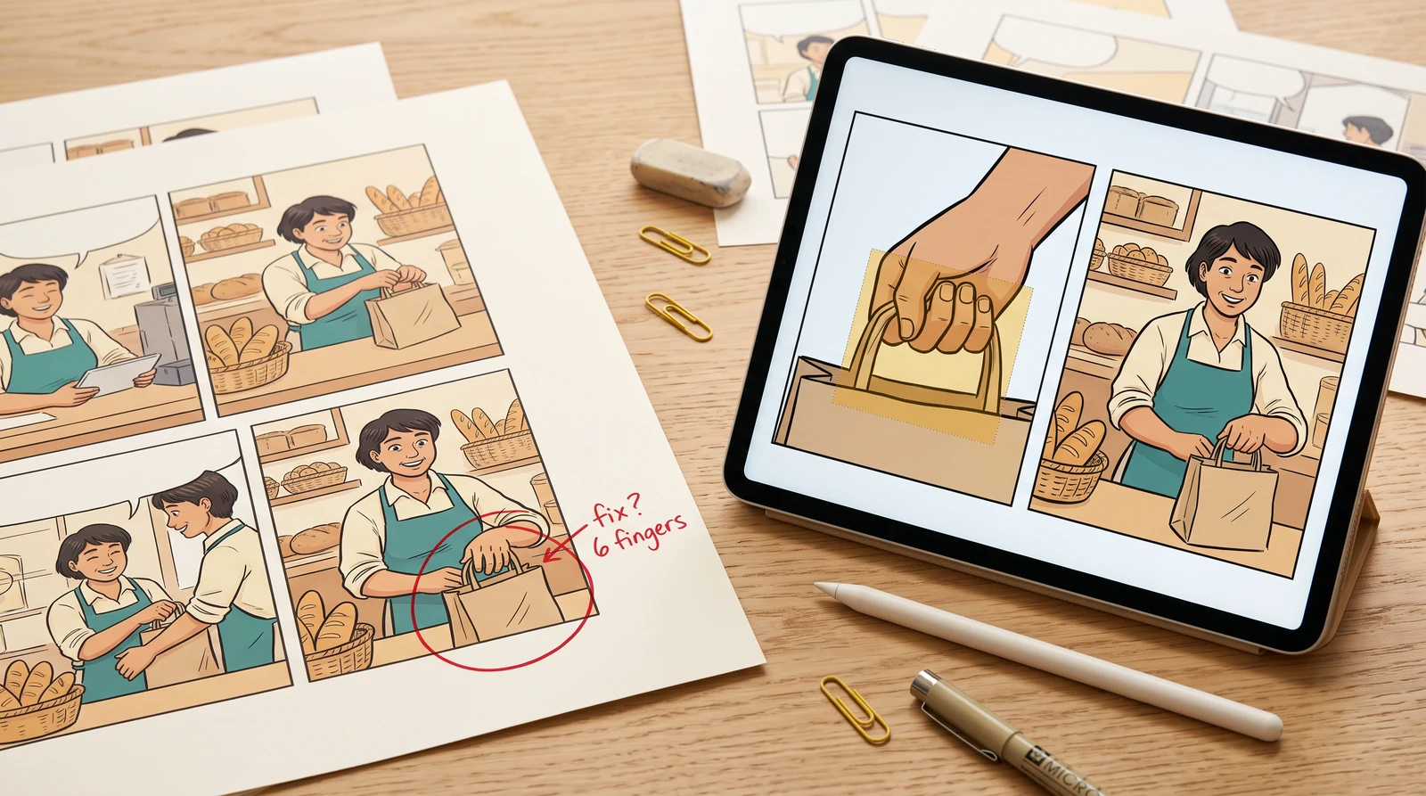 AI illustration of a comic hand gripping a bakery paper bag, displayed with comic pages at a sunlit desk.