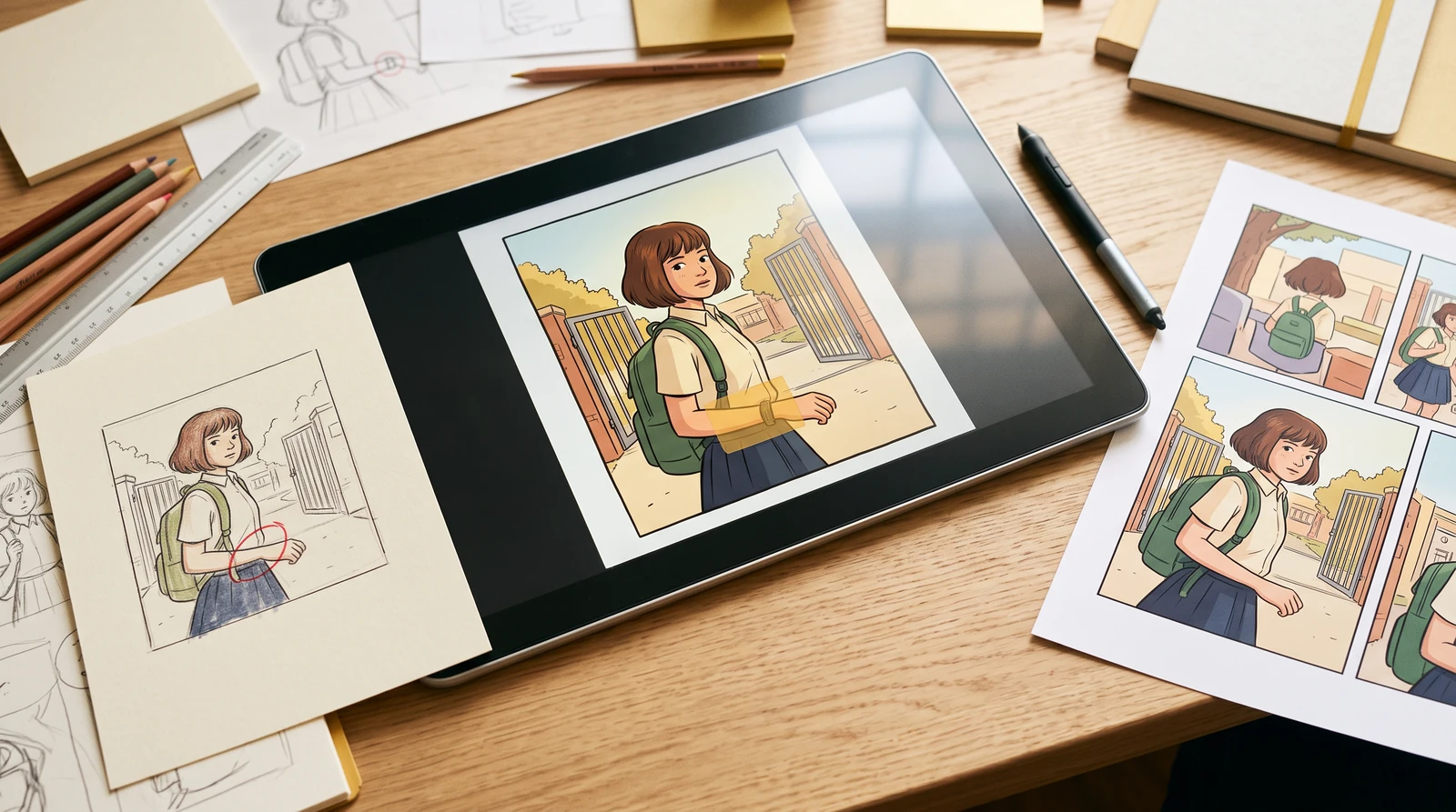 AI illustration of a sunlit creative desk with a tablet and comic showing a bag strap beside a wrist.