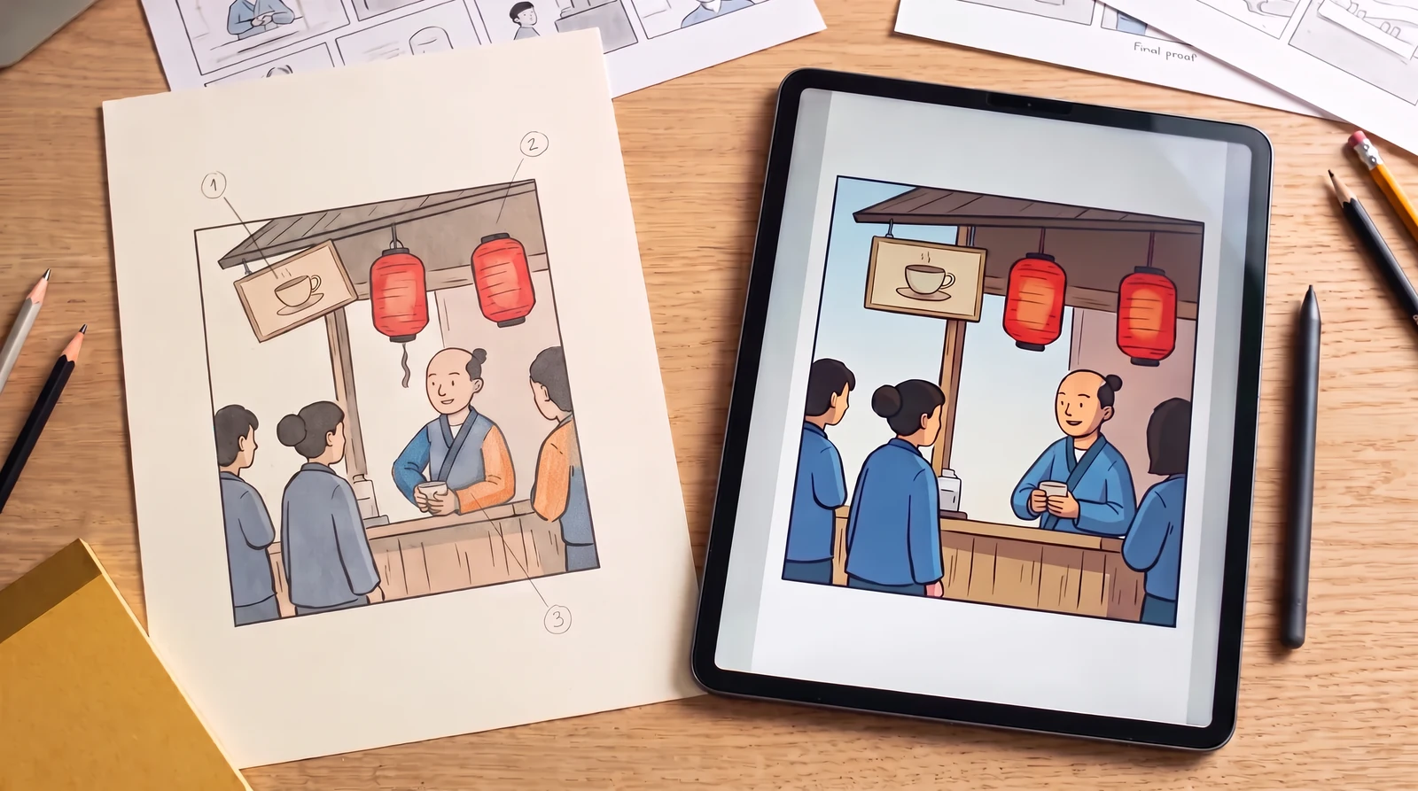 AI illustration of a festival-stall comic with notes around a sign, lantern cord and sleeve color, on a sunlit desk.