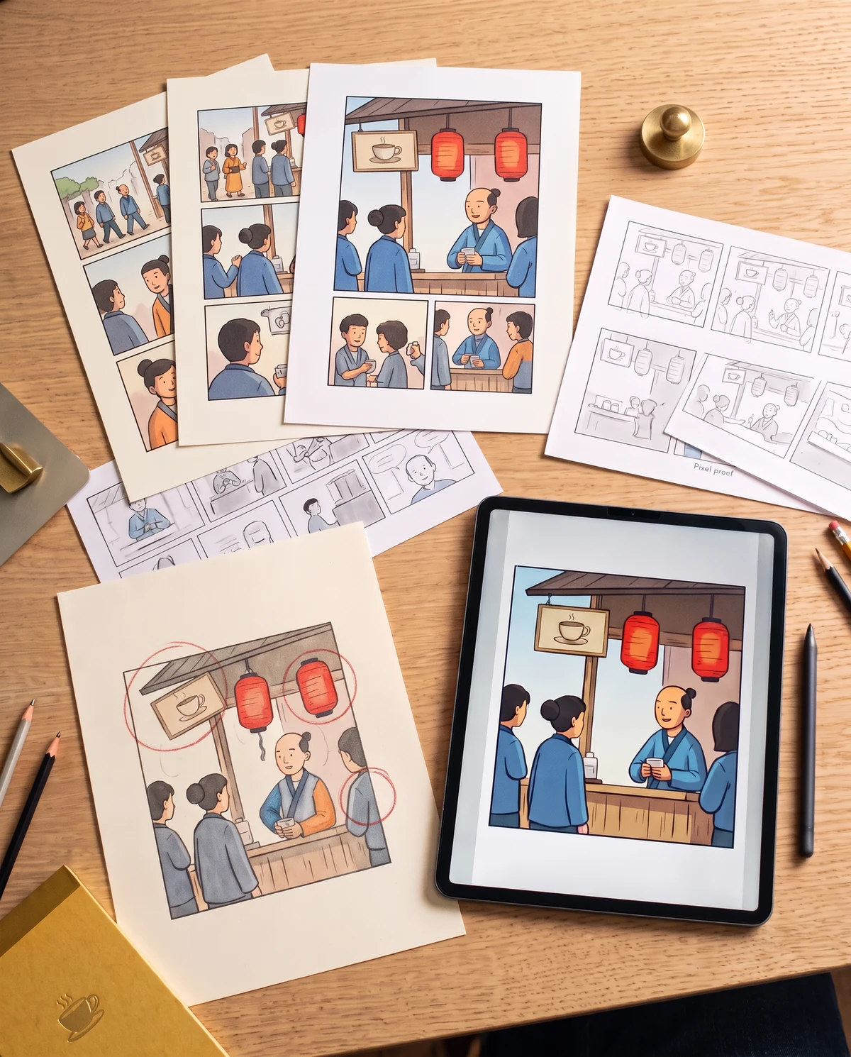 AI illustration of a coordinated print set with the festival-stall comic and annotated artwork.