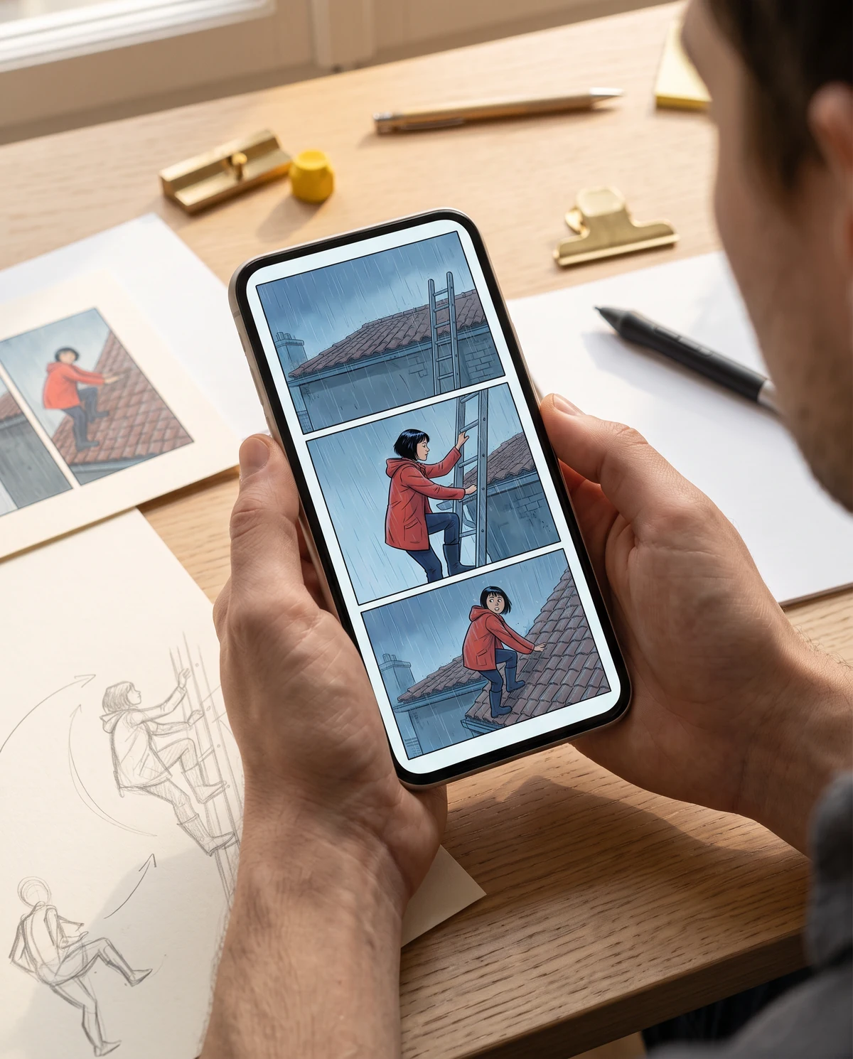 AI illustration of a person reading the red-raincoat ladder comic on a phone in warm daylight.