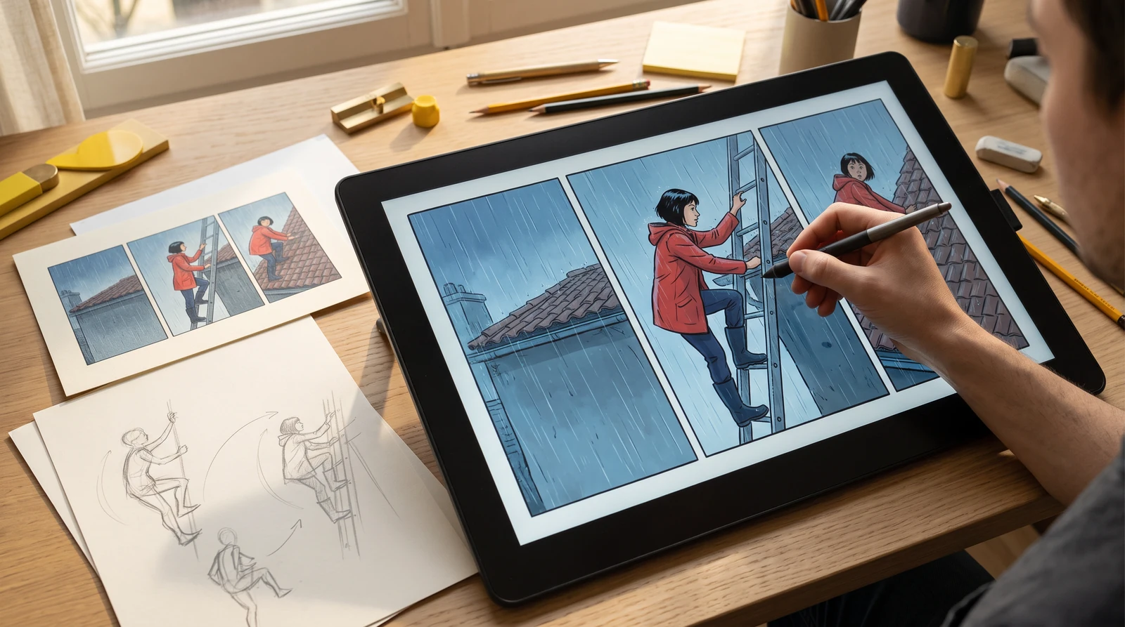 AI illustration of a black-haired adult rescuer in a red raincoat climbing a ladder, with neighboring comic panels at a creative desk.