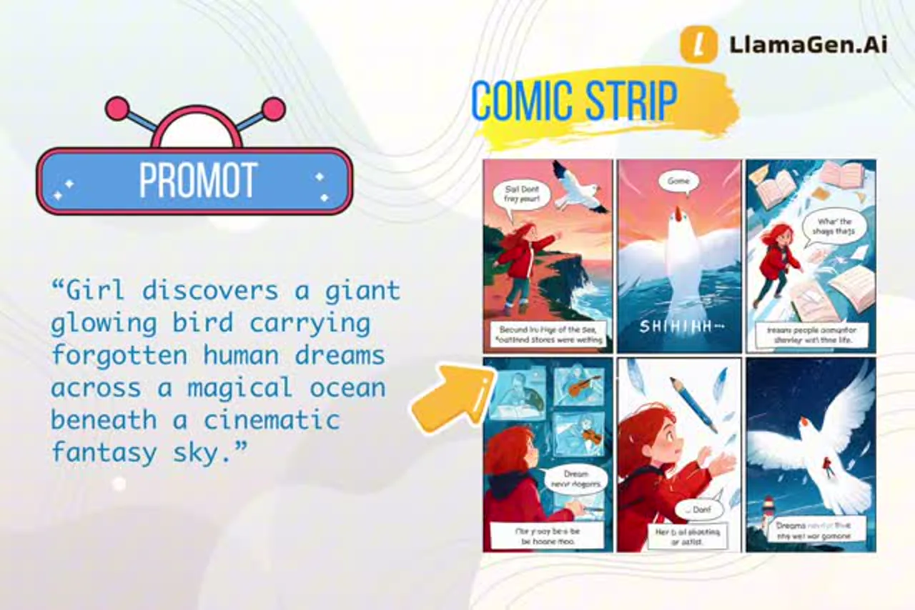 Animated dream bird comic strip teaser made from a prompt and finished comic panels