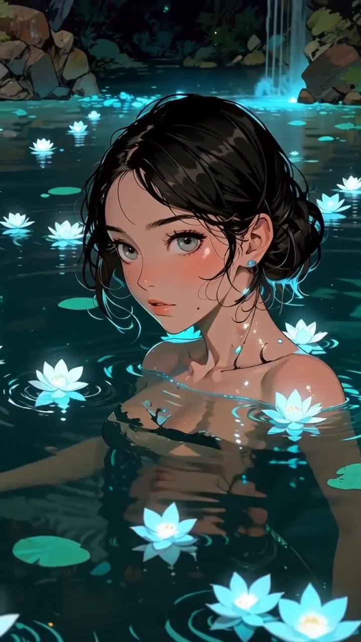 A luminous pool and glowing flowers frame a magical character reveal.