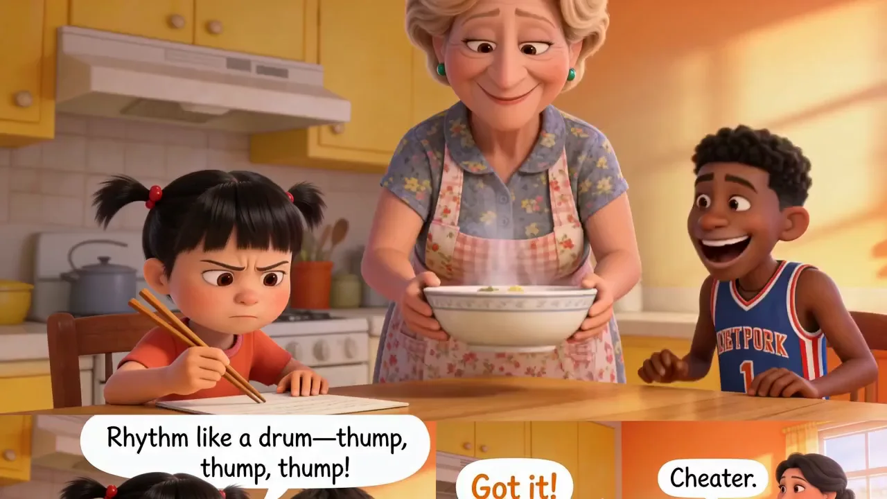 A lively family dinner turns a tricky word into an animated comedy beat.