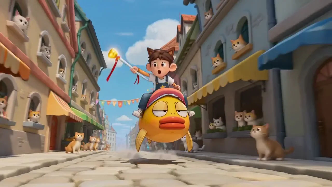A tiny rider explores a colorful town before meeting an enormous cat.